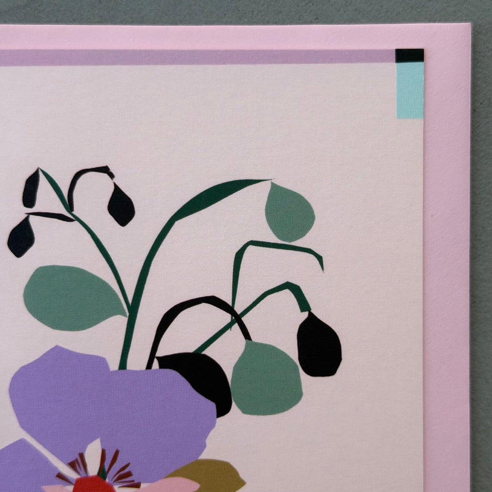 Close-up of the illustrated flower and buds on the Soft Bloom greeting card.