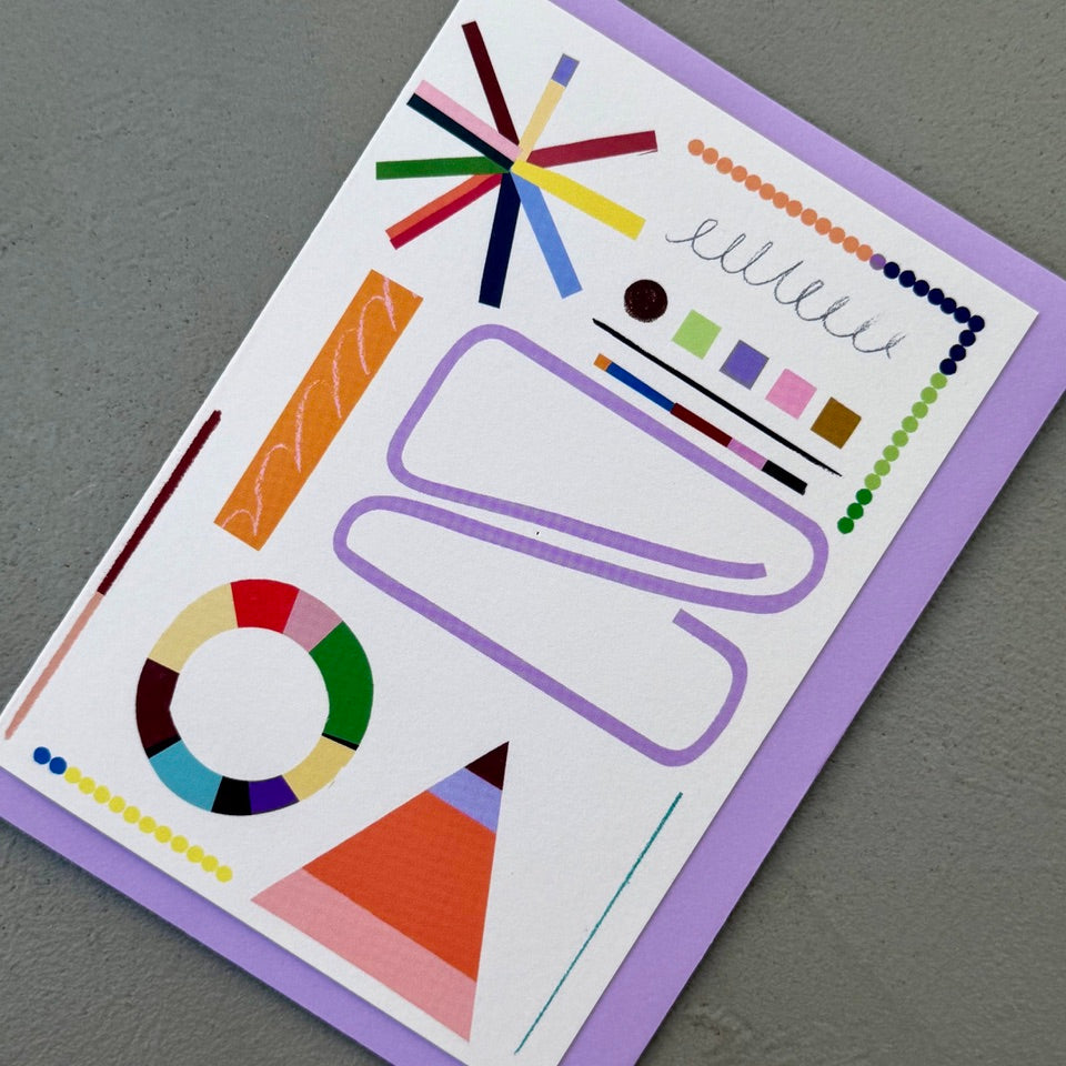 Angled view of the Studies in Colour No. 1 greeting card with a lilac envelope, showcasing the bold abstract composition.