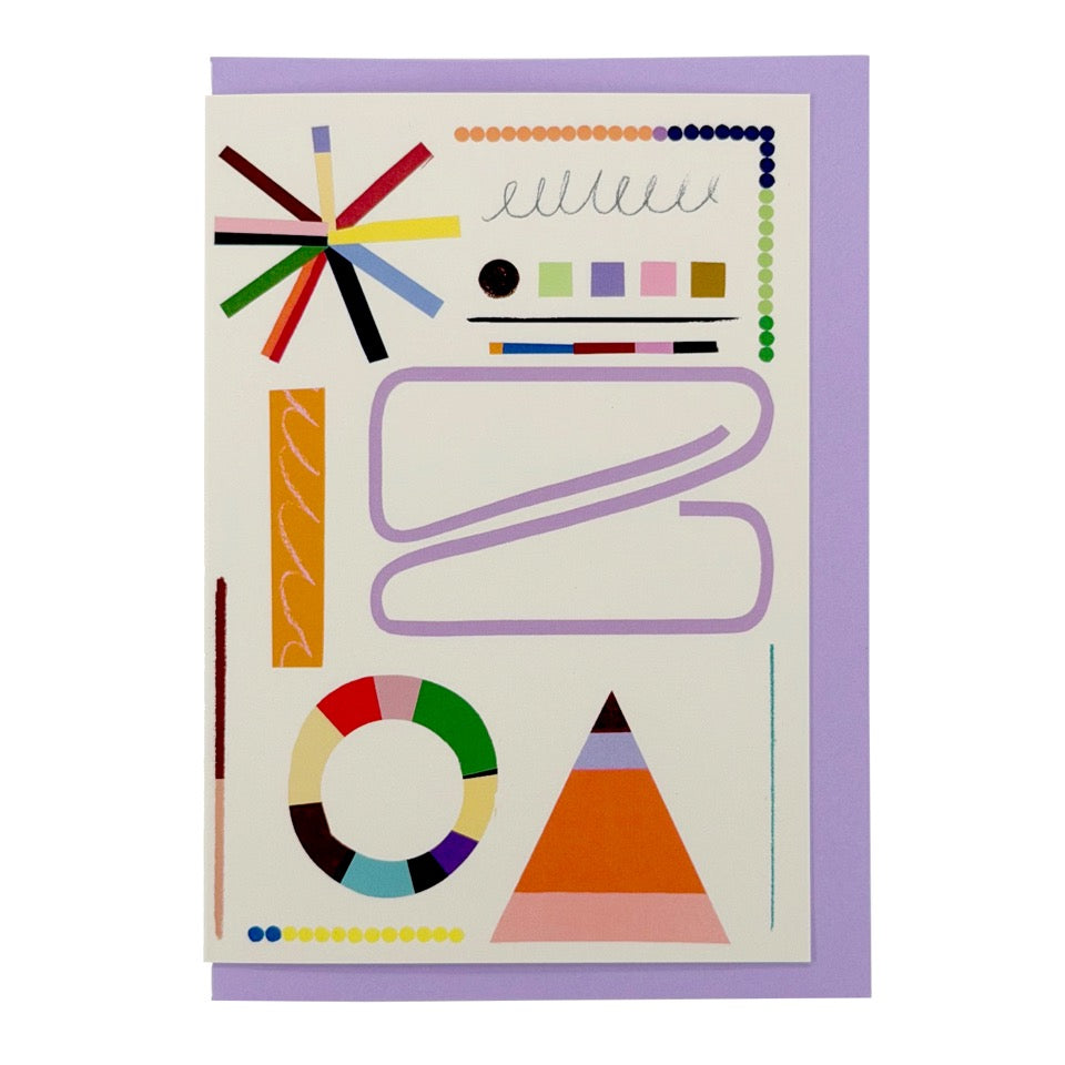 Abstract greeting card featuring colourful geometric shapes, graphic marks and playful colour studies from the Studies in Colour collection, paired with a lilac envelope.