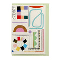 Abstract greeting card featuring colourful geometric shapes and graphic lines from the Studies in Colour collection, paired with a pale green envelope.