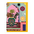 Greeting card featuring an illustrated styled interior with houseplants, decorative ceramics and patterned details on a mustard envelope.