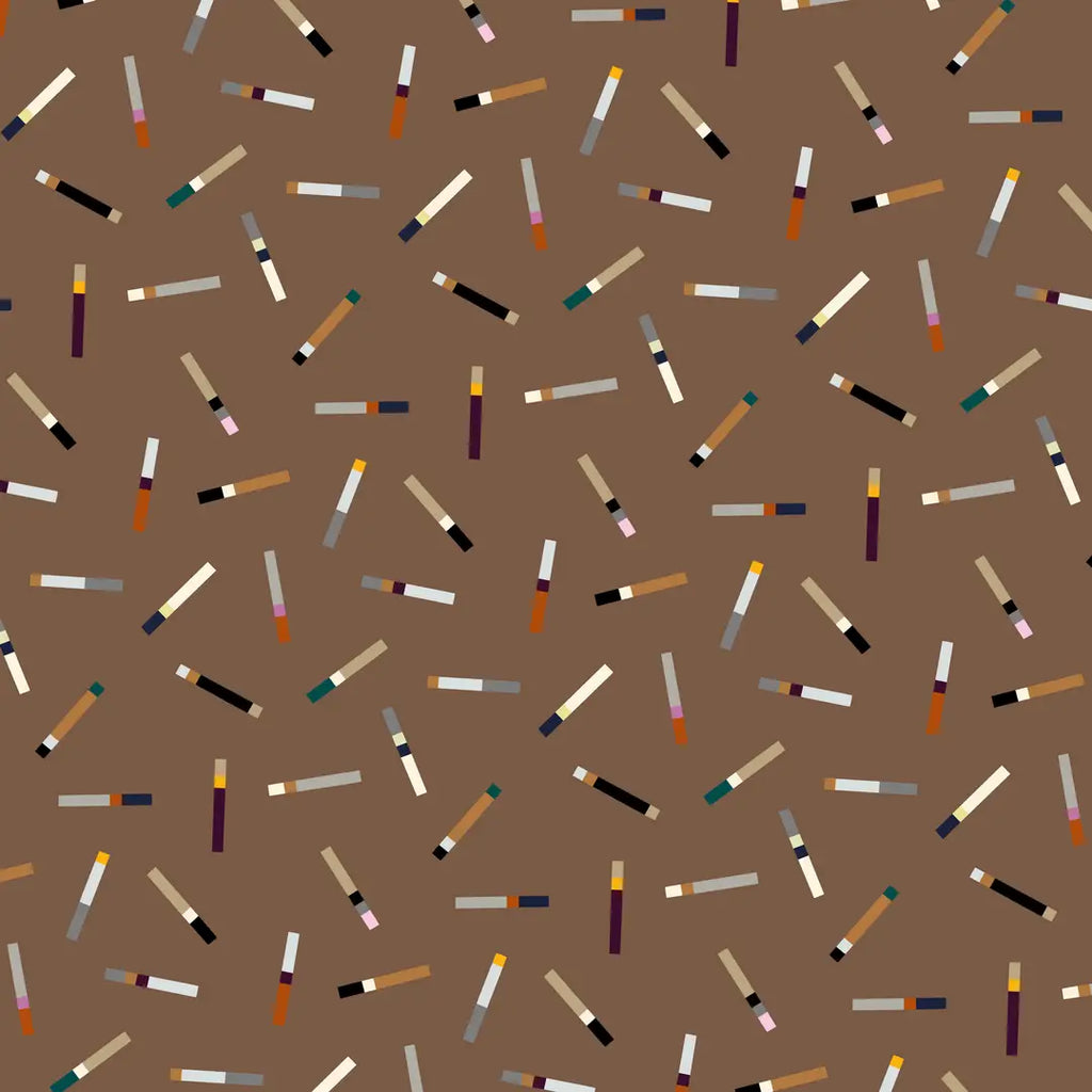 Tab wrapping paper design with scattered multicoloured linear motifs on a brown background
