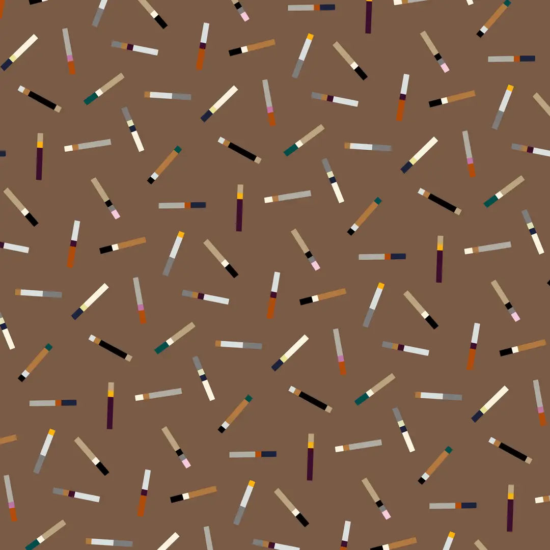 Tab wrapping paper design with scattered multicoloured linear motifs on a brown background