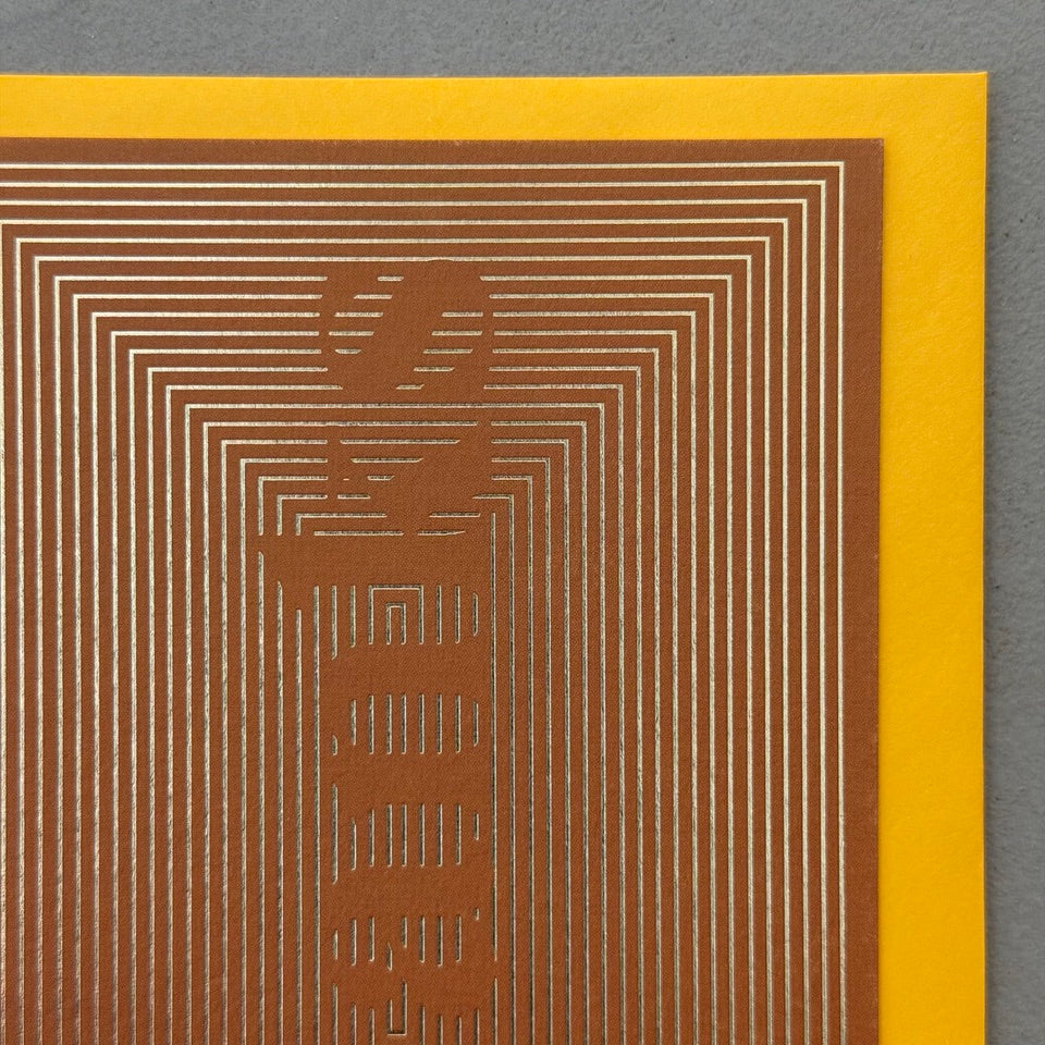 Close-up of the Thanks Gold Foil greeting card highlighting the intricate linear design, embossed gold foil details and rich brown card stock.