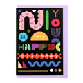 Bold typographic birthday card reading "Wishing You A Very Happy Birthday" in colourful geometric lettering on a black background with a lavender envelope.