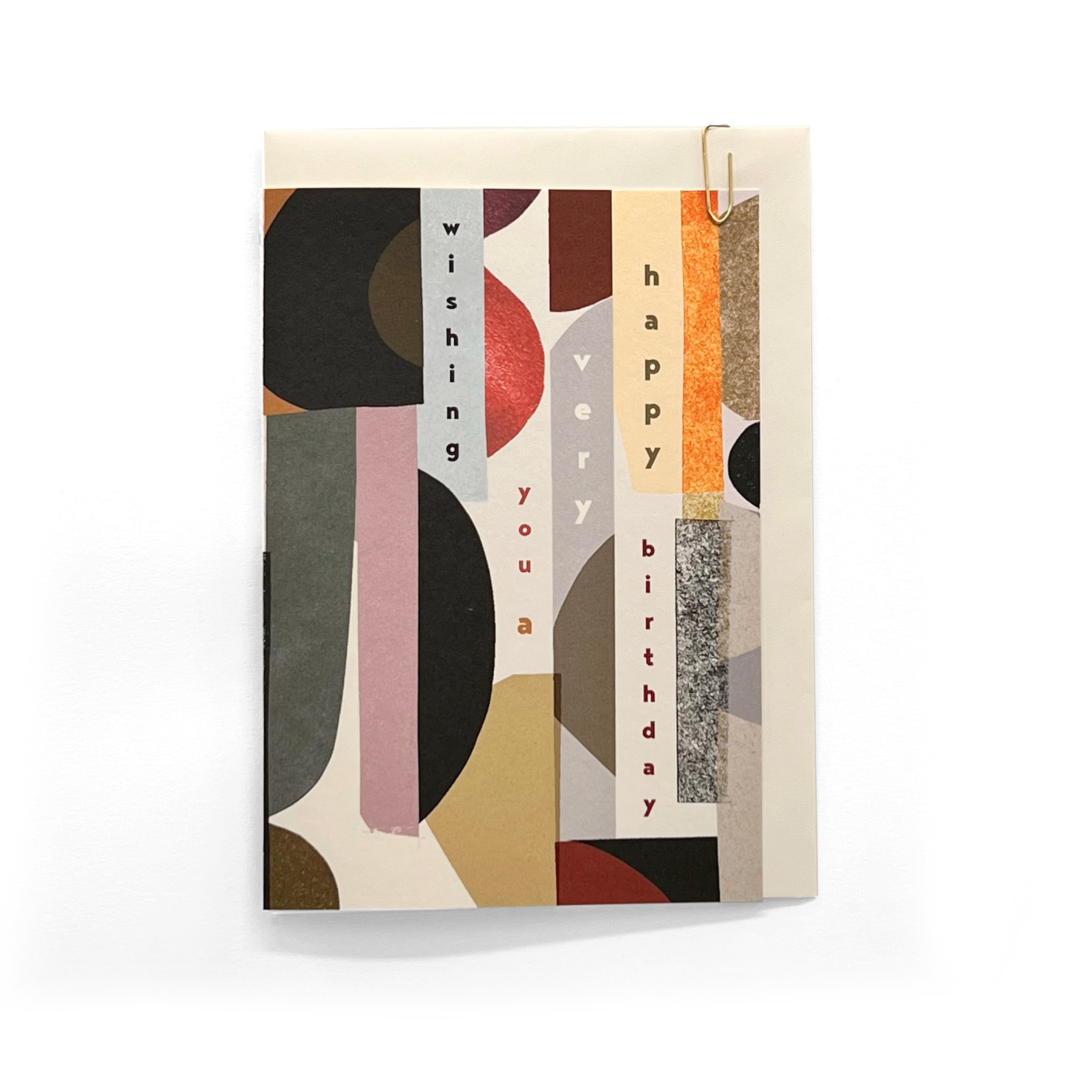Wishing You a Very Happy Birthday card with layered abstract shapes and typography