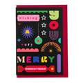 Wishing You A Very Merry Christmas card by PAVILION with colourful graphic typography, festive motifs and red envelope
2