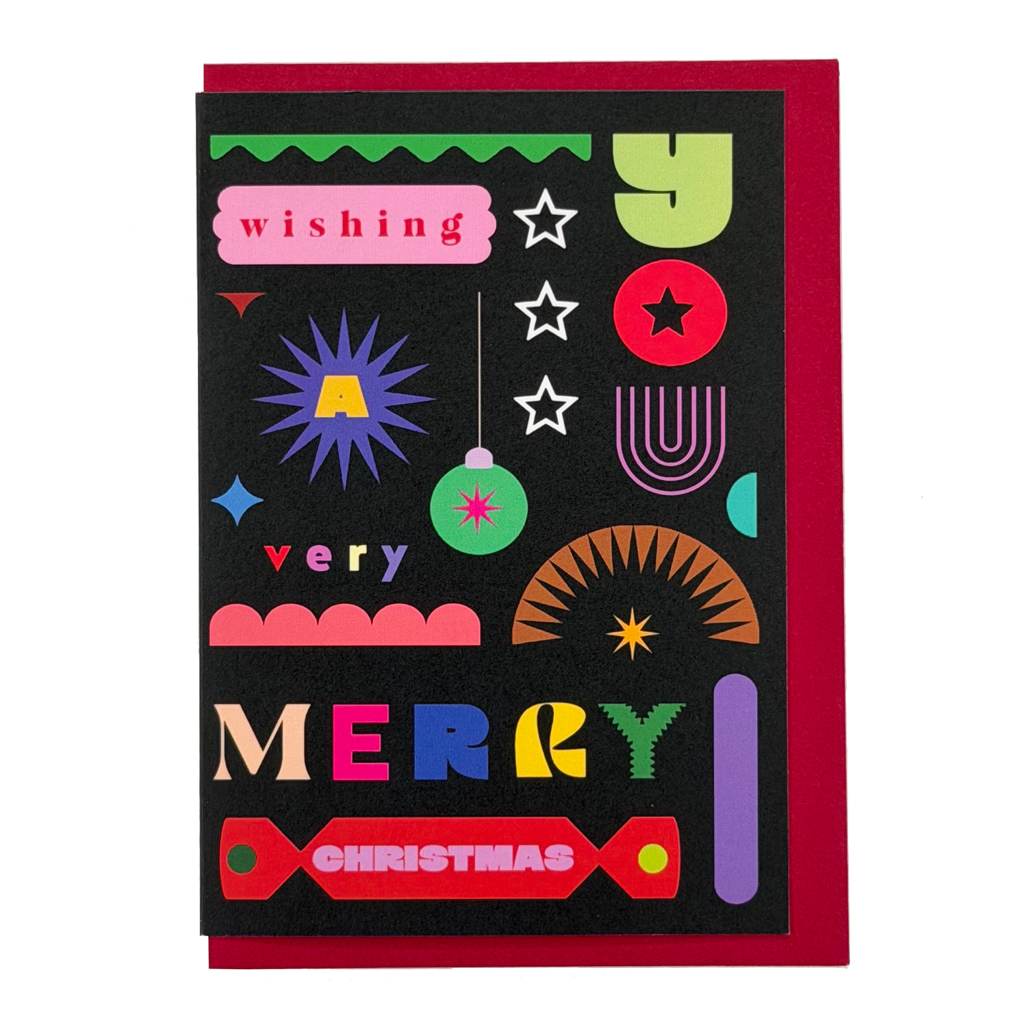 Wishing You A Very Merry Christmas card by PAVILION with colourful graphic typography, festive motifs and red envelope
2