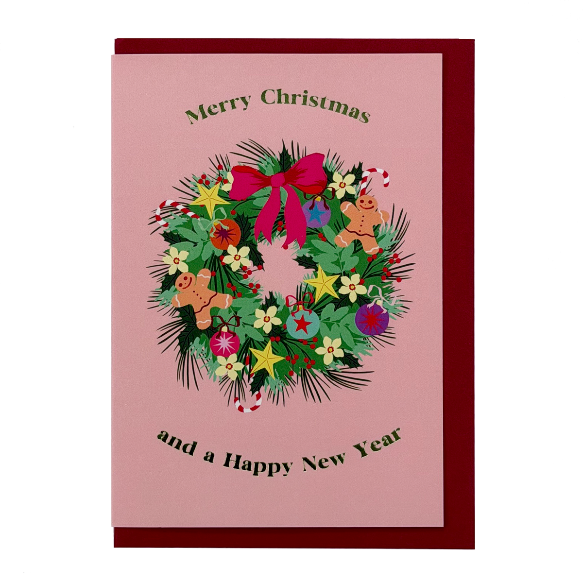 Wreath Christmas card by PAVILION with colourful festive foliage, gingerbread men, baubles, candy canes and red envelope