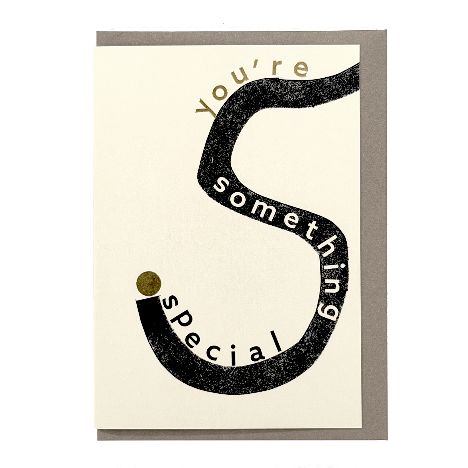 Front view of You’re Something Special card by PAVILION with graphic black lettering, gold foil details and grey envelope